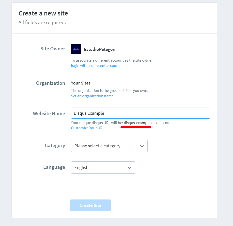 Disqus Create new Site