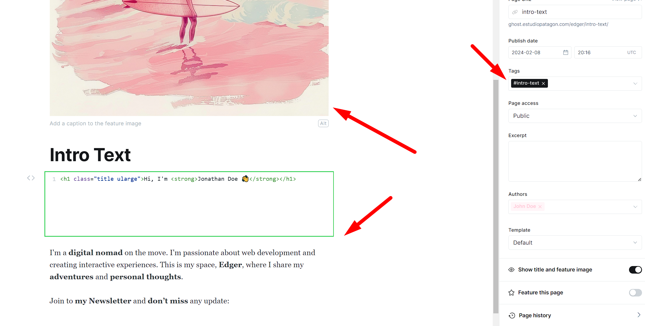 Ensure to add tag “#intro-text” to the page
