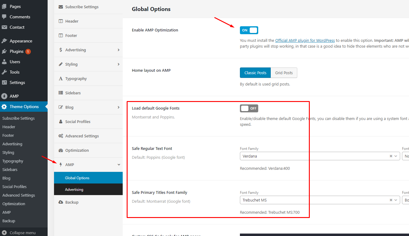 Enable AMP from Theme Options