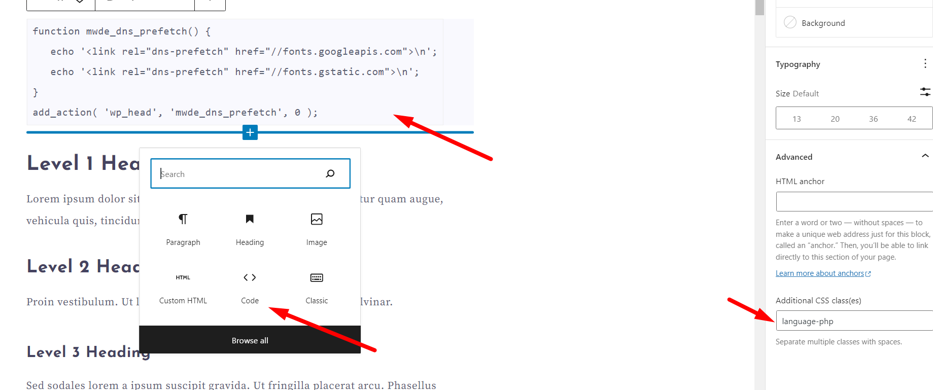 Use Codeblock in Gutenberg editor